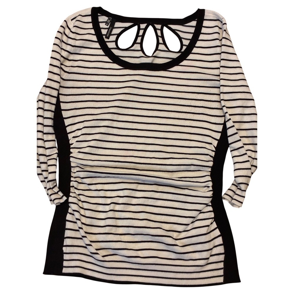 Maurices Womens Medium Black White Striped Cutout Back 3/4 Sleeve Knit Sweater